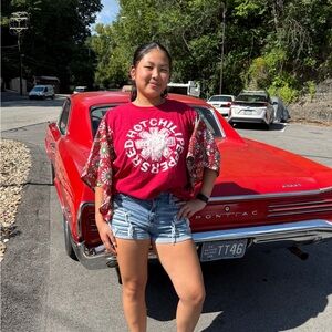 One of a kind upcycled tee made with block print fabric imported from India.